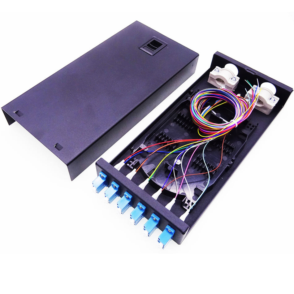 LC Duplex Wall Mount Fiber Optic Termination Distribution Box, Full Loaded with LC/UPC Pigtails and Adapters