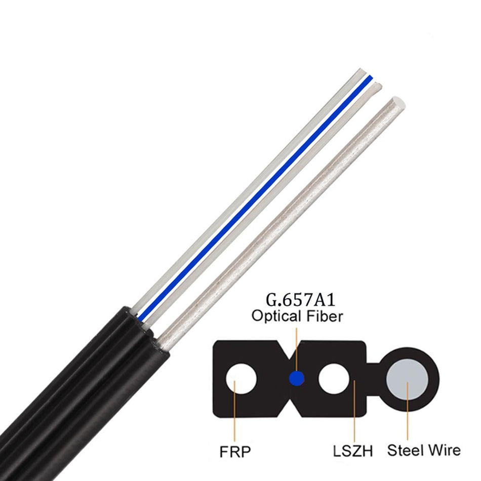 FTTH Outdoor Optical Fiber Drop Cable 1 Core Single Mode, G657A1, LSZH Black Jacket,1 Steel Wire+2 FRP Strength Member,1000 Meters/Drum